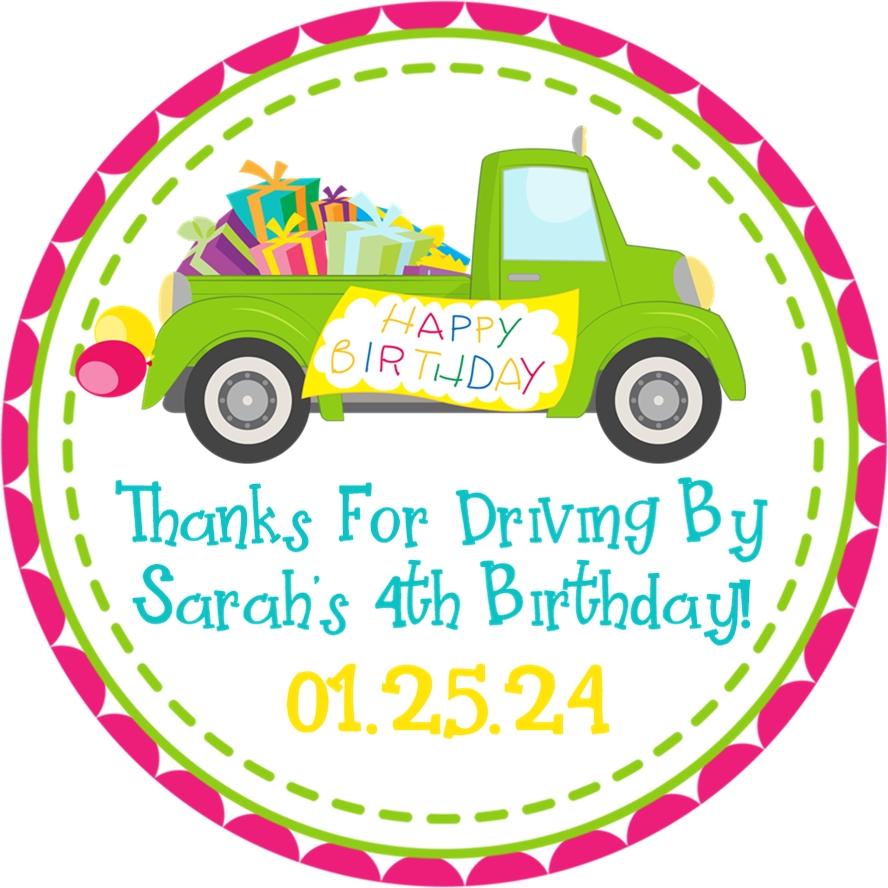Green truck birthday parade sticker with gifts