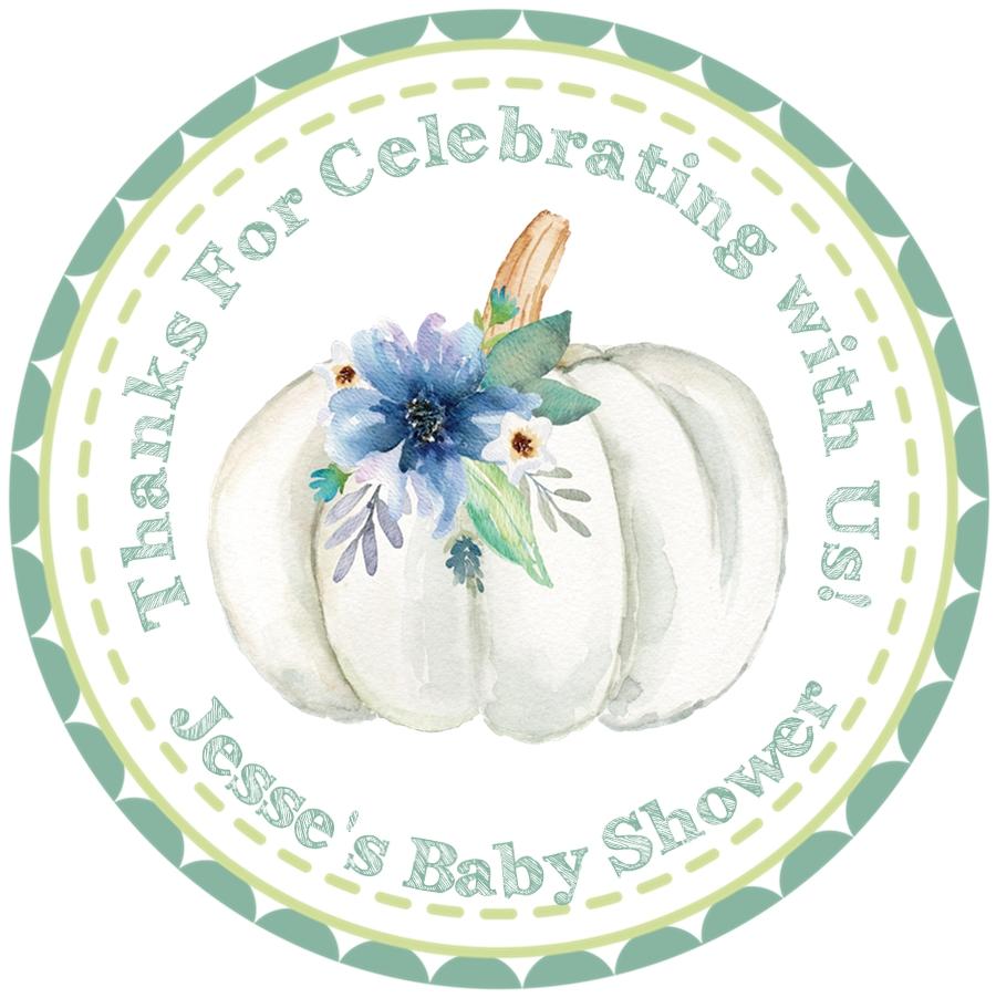 Green watercolor pumpkin baby shower sticker with floral accent