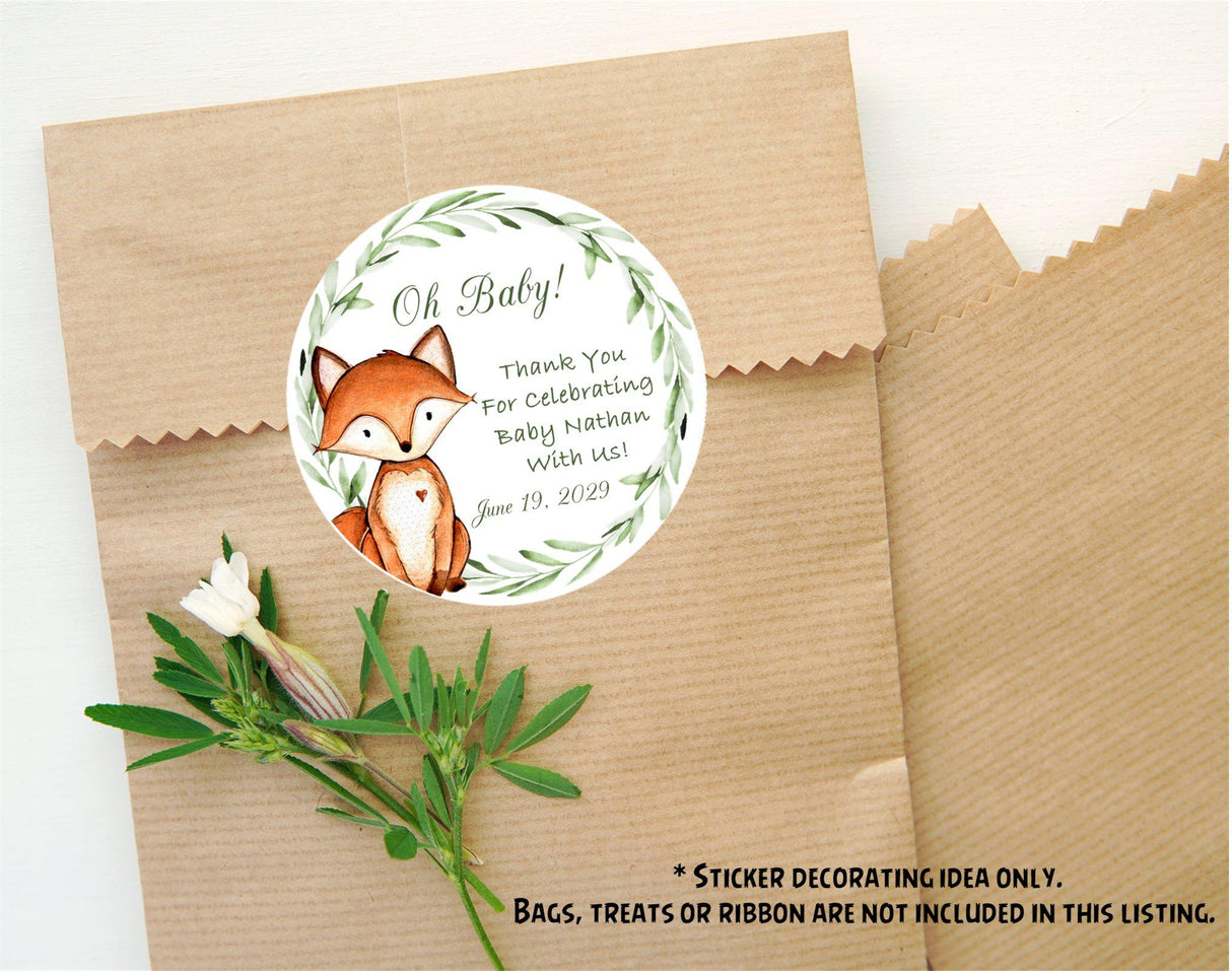 Greenery fox baby shower label