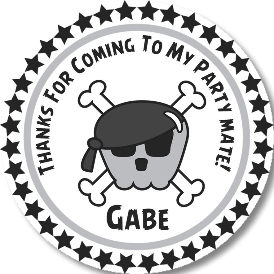 Grey pirate birthday sticker with skull and crossbones design