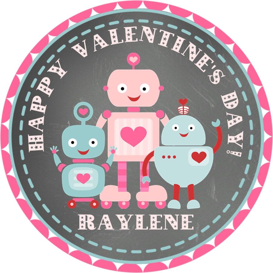Grey robot Valentine favor sticker with heart graphics and red Valentine accents
