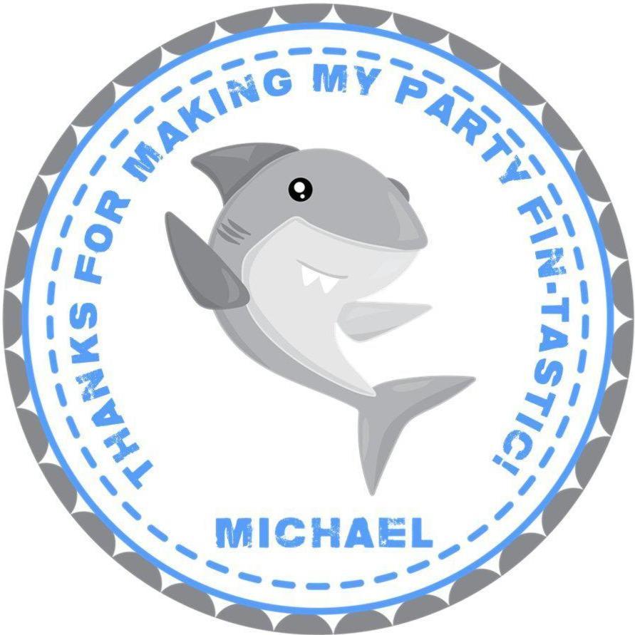 Grey shark birthday sticker with light blue border