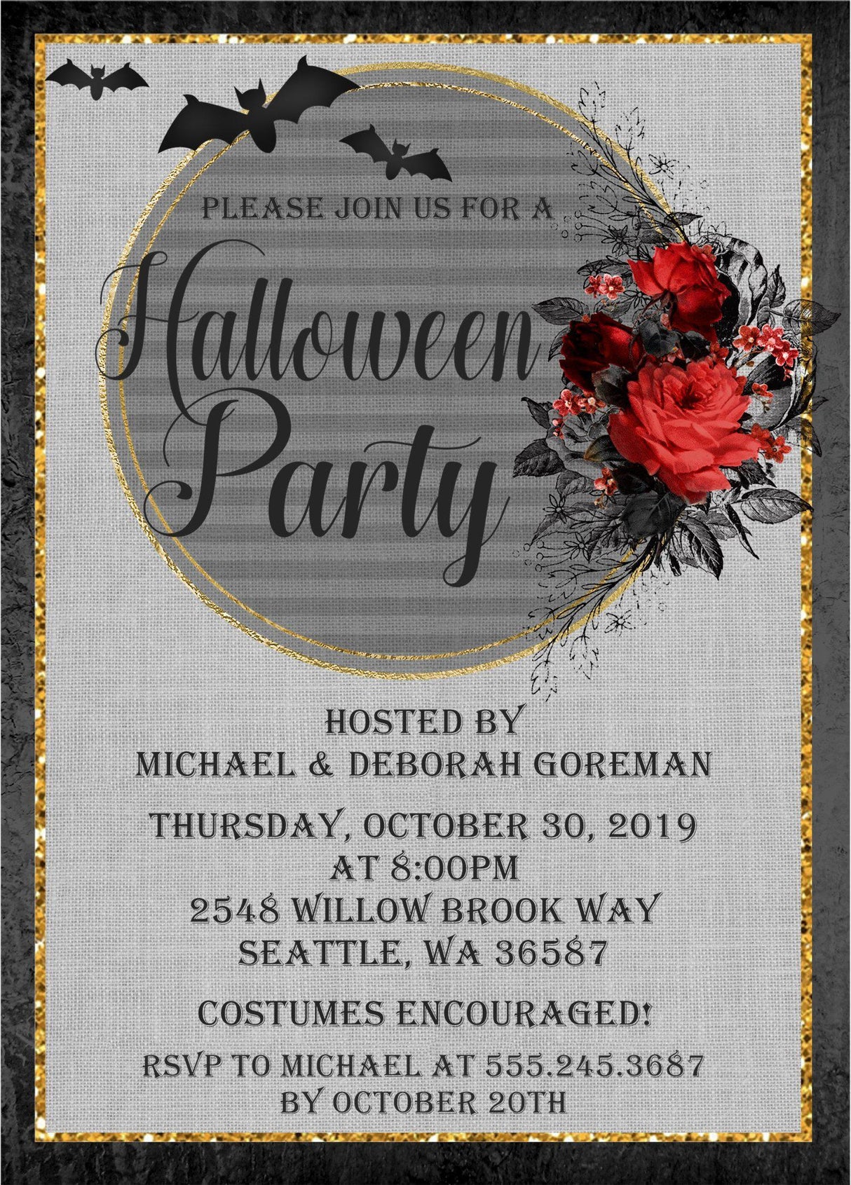 Halloween party invitation featuring gothic black florals, red roses, and flying bats