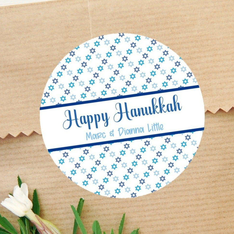 Happy Hanukkah stickers with blue Star of David pattern