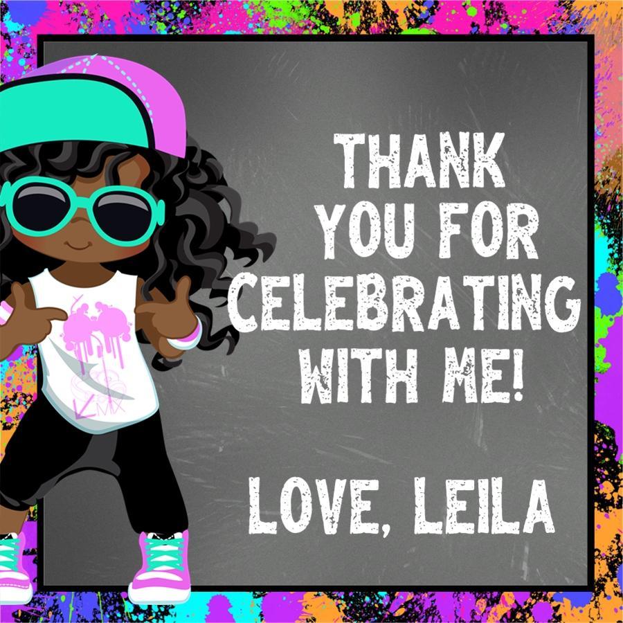Hip hop birthday sticker with graffiti paint splatter border and girl character design
