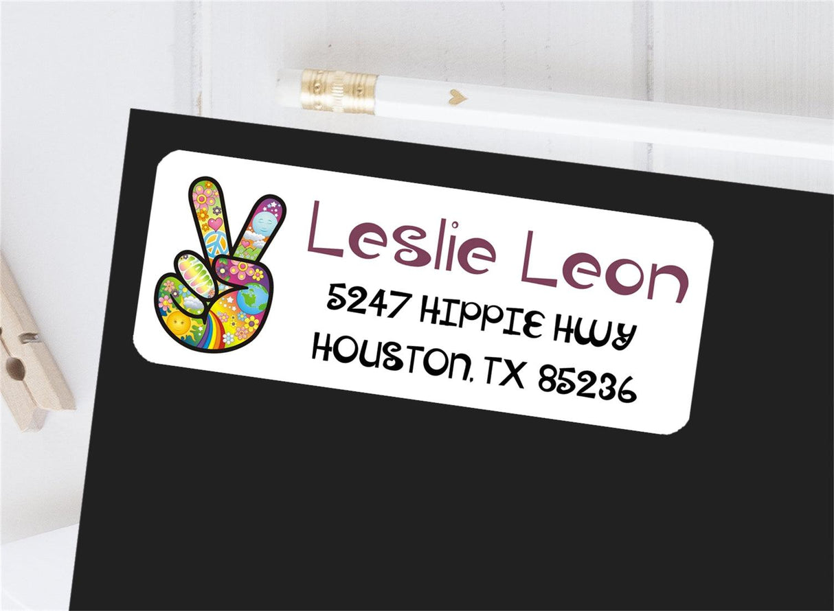 Hippie peace sign address labels with colorful retro artwork
