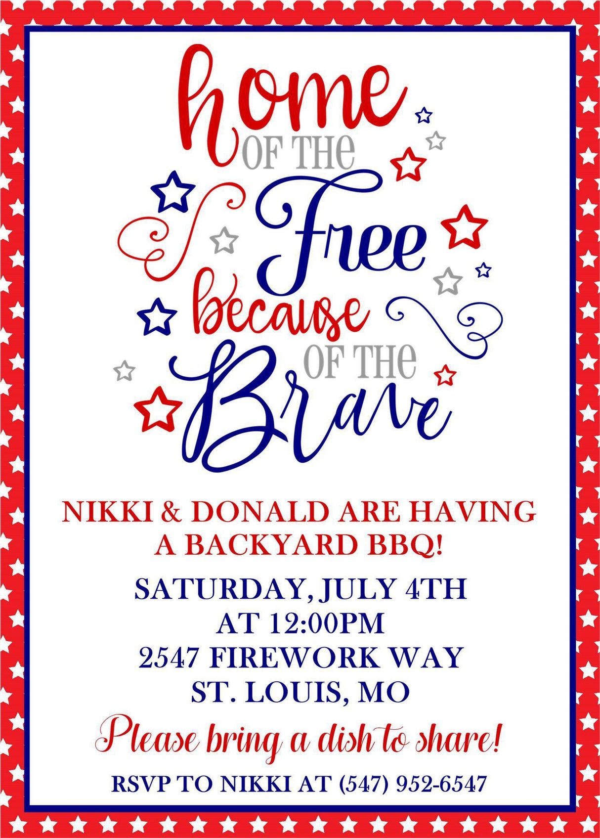 Home of the Free red white and blue July 4th invitation