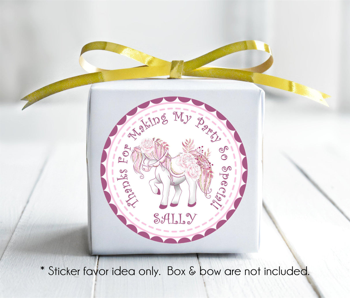 Horse-themed birthday favor sticker in soft pinks