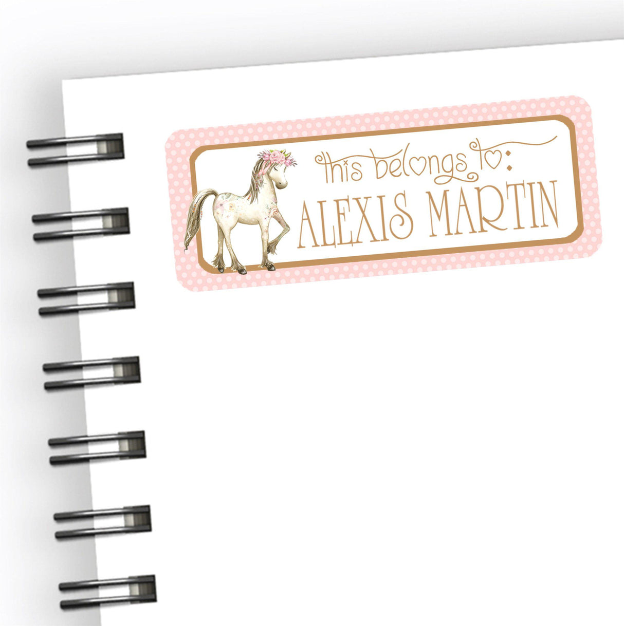Horse school name labels with floral accents and soft pink background