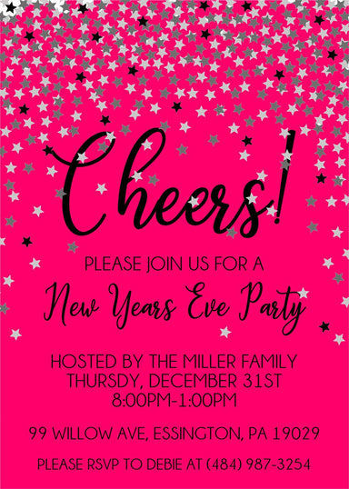 Hot Pink And Black New Years Eve Party Invitations
