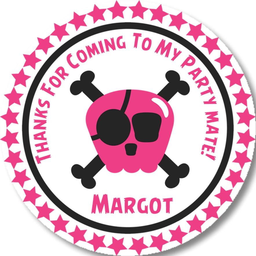Hot pink pirate birthday sticker with skull design