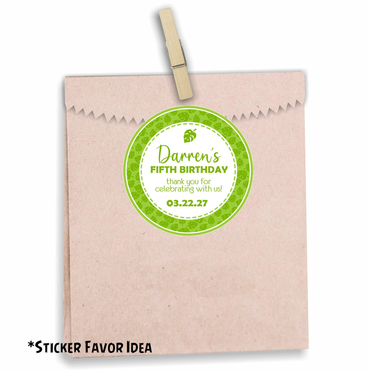 Jungle foliage birthday party sticker with greenery theme