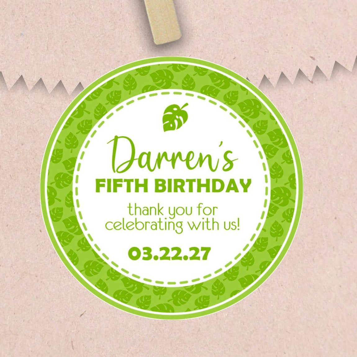 Jungle foliage birthday party sticker with greenery theme