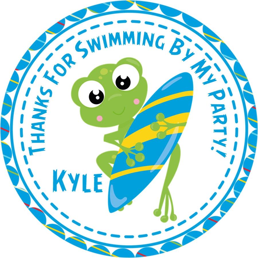 Kids pool party frog sticker for favor bags