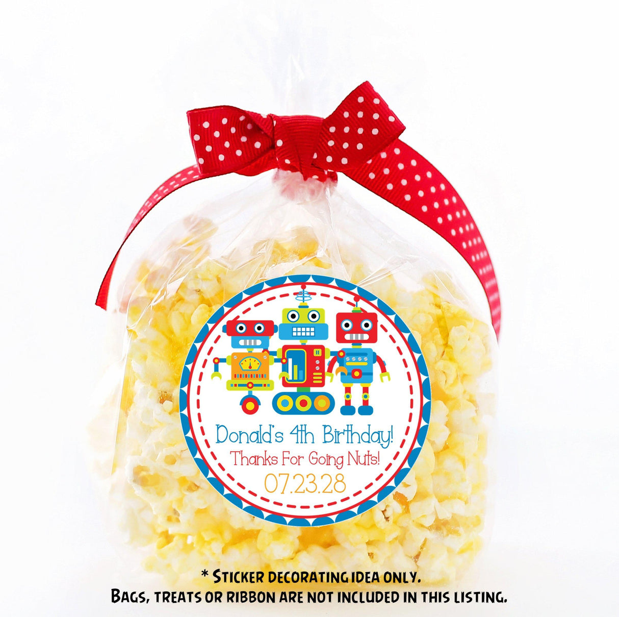 Kids robot party favor sticker in bright primary colors