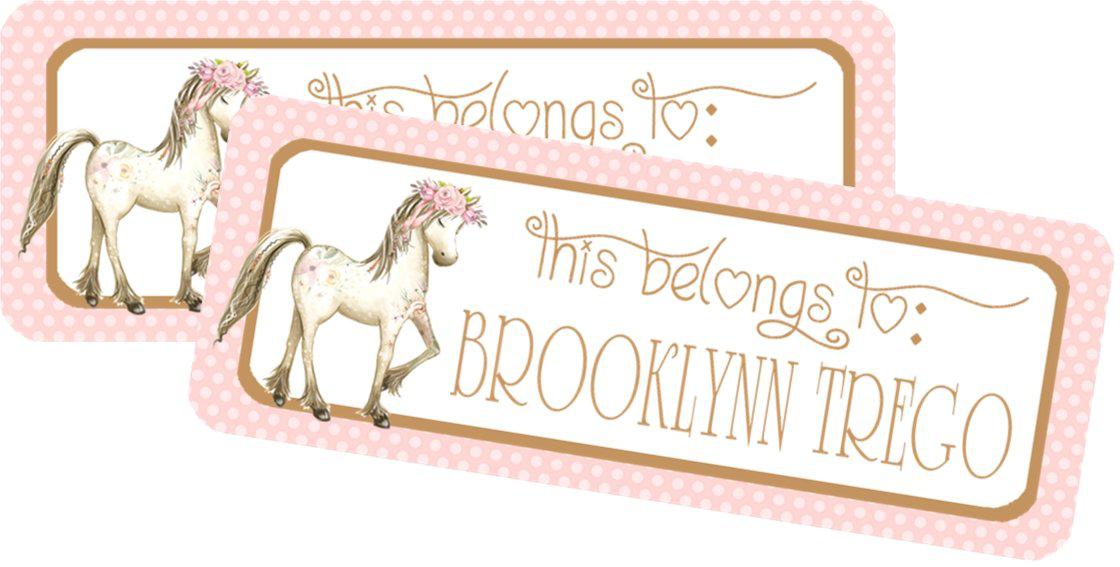 Kids school labels featuring horse illustration and polka dots