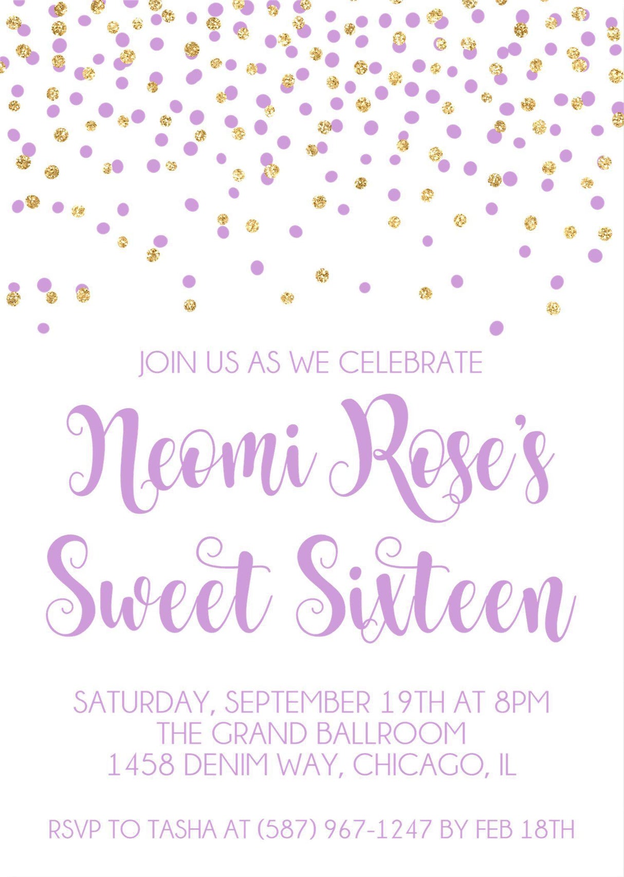 Lavender And Gold Confetti Sweet 16 Party Invitations