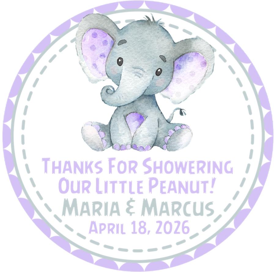 Thank you baby shower stickers – lavender elephant pattern