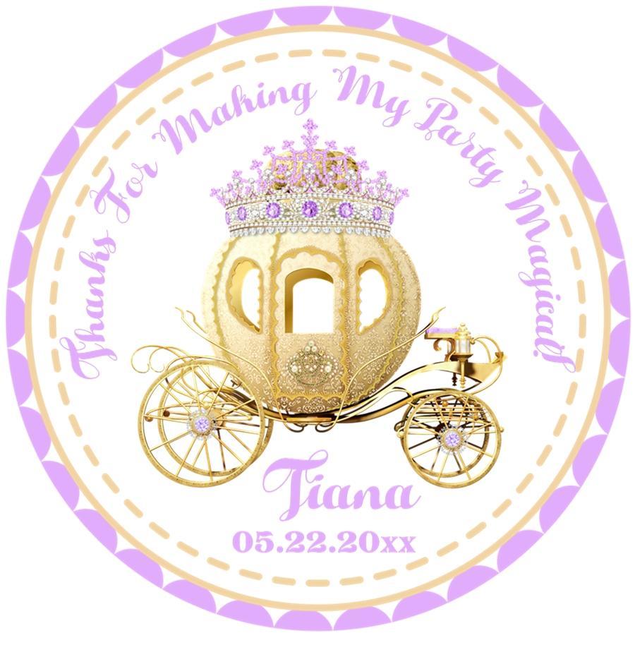 Lavender and gold princess carriage birthday sticker with custom name