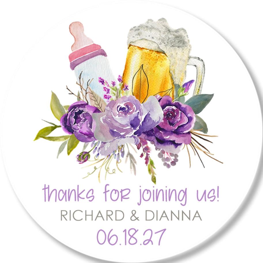 Lavender floral baby shower labels with beer mug and bottle