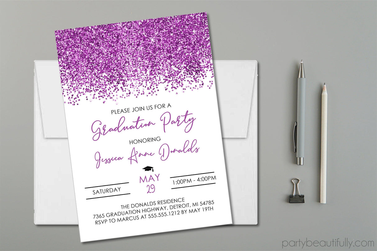 Lavender graduation party invitation with confetti design on white background