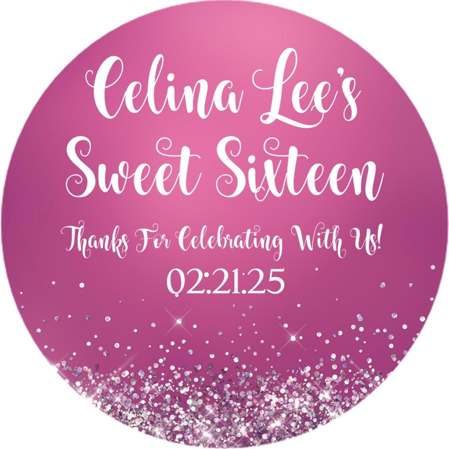 Magenta Sweet 16 birthday sticker with faux sparkle confetti