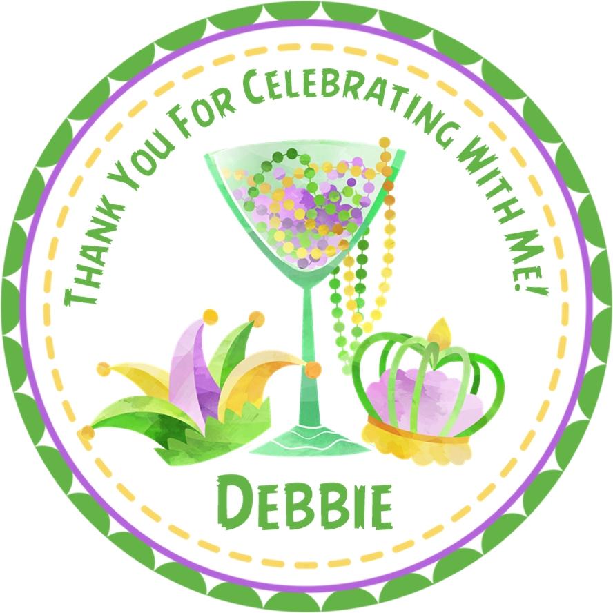 Mardi Gras martini glass and jester hat birthday sticker