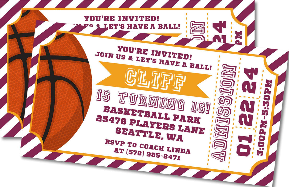 Maroon And Gold Basketball Birthday Party Ticket Invitations