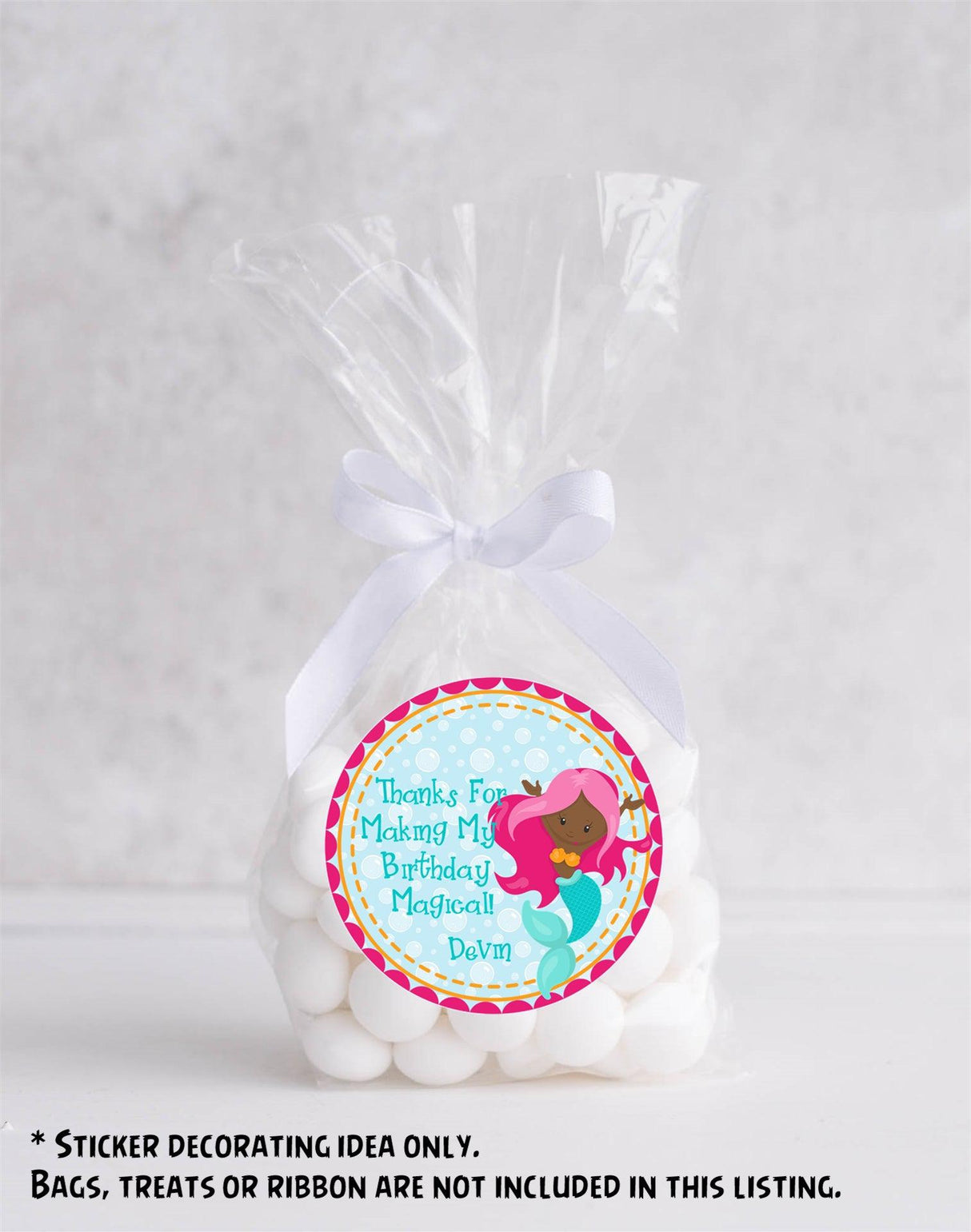 Mermaid birthday sticker with colorful border and personalized text