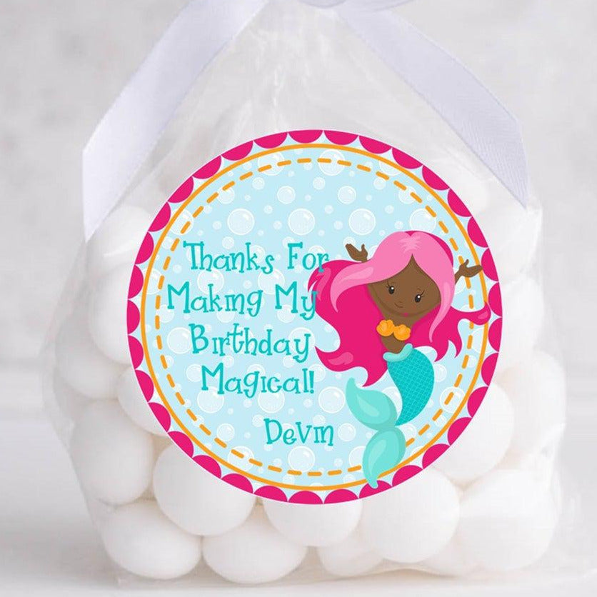 Mermaid birthday sticker with colorful border and personalized text