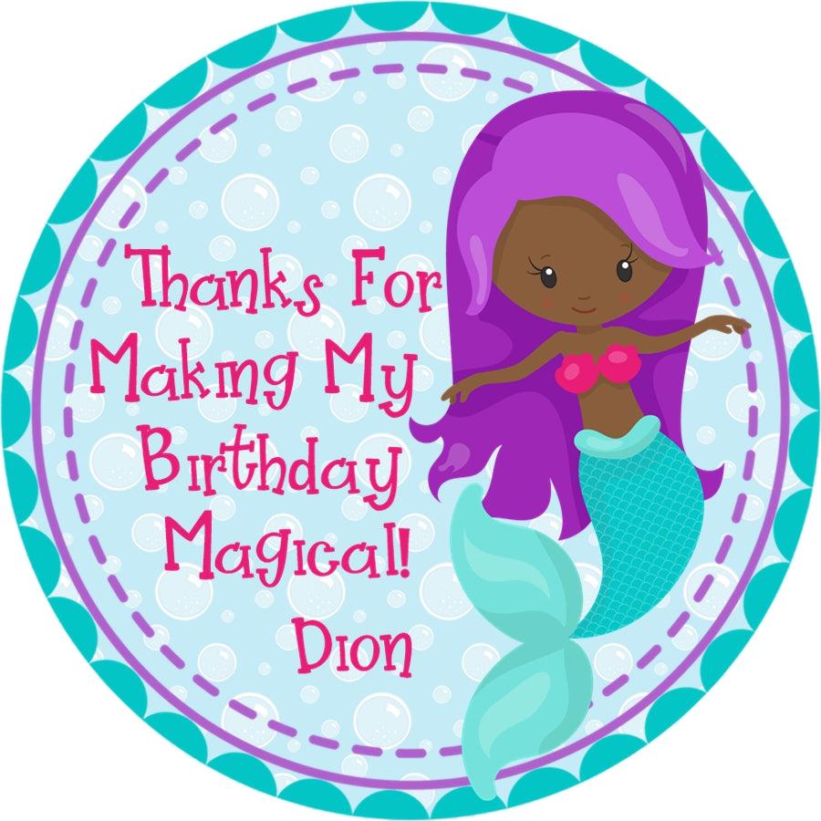 Mermaid favor label with pink seashell top and bubbly background