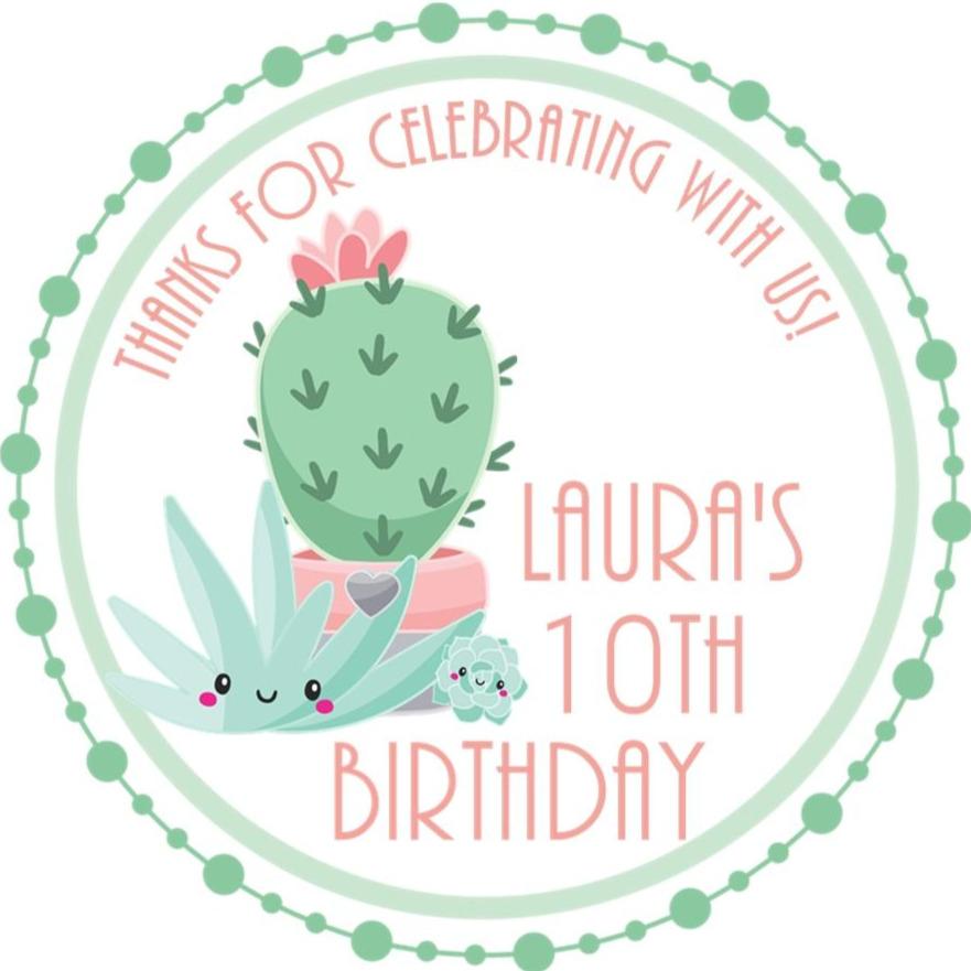 Mint and pink cactus birthday sticker with pastel succulents