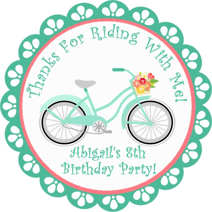 Mint bicycle birthday sticker with pastel bike and flower basket
