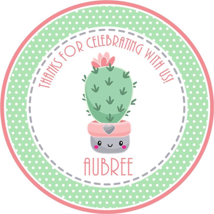 Mint polka dot cactus birthday sticker with cute cactus character
