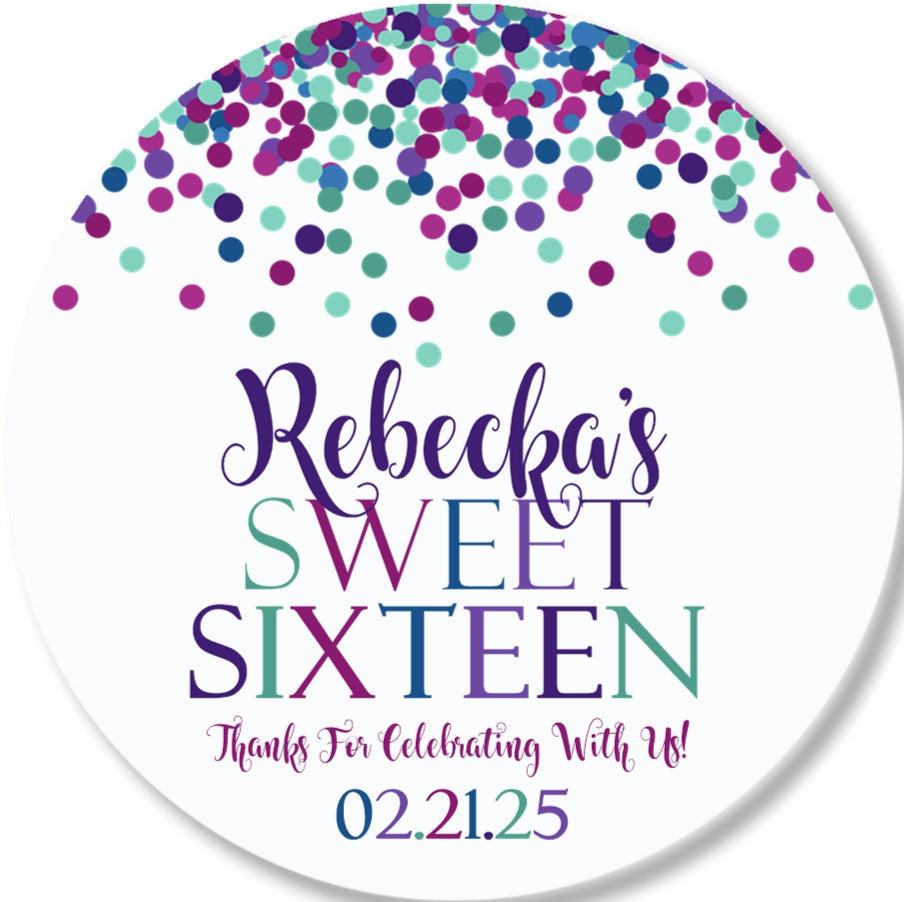 Multicolor confetti Sweet Sixteen favor label