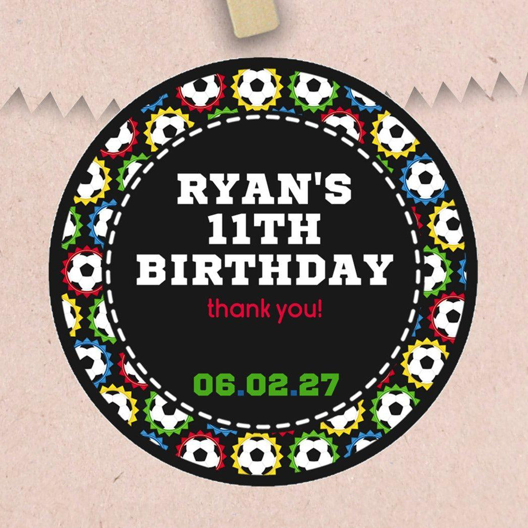 Multicolor soccer birthday stickers with personalized name