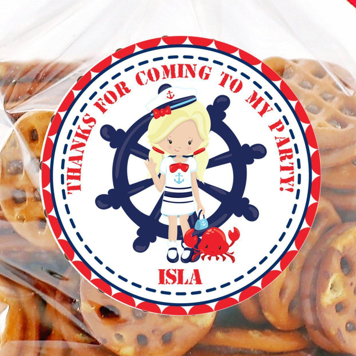 Navy and red ocean theme party favor label