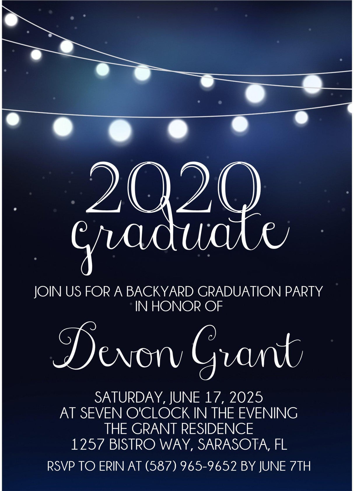 Navy string lights graduation party invitation with customizable graduation year