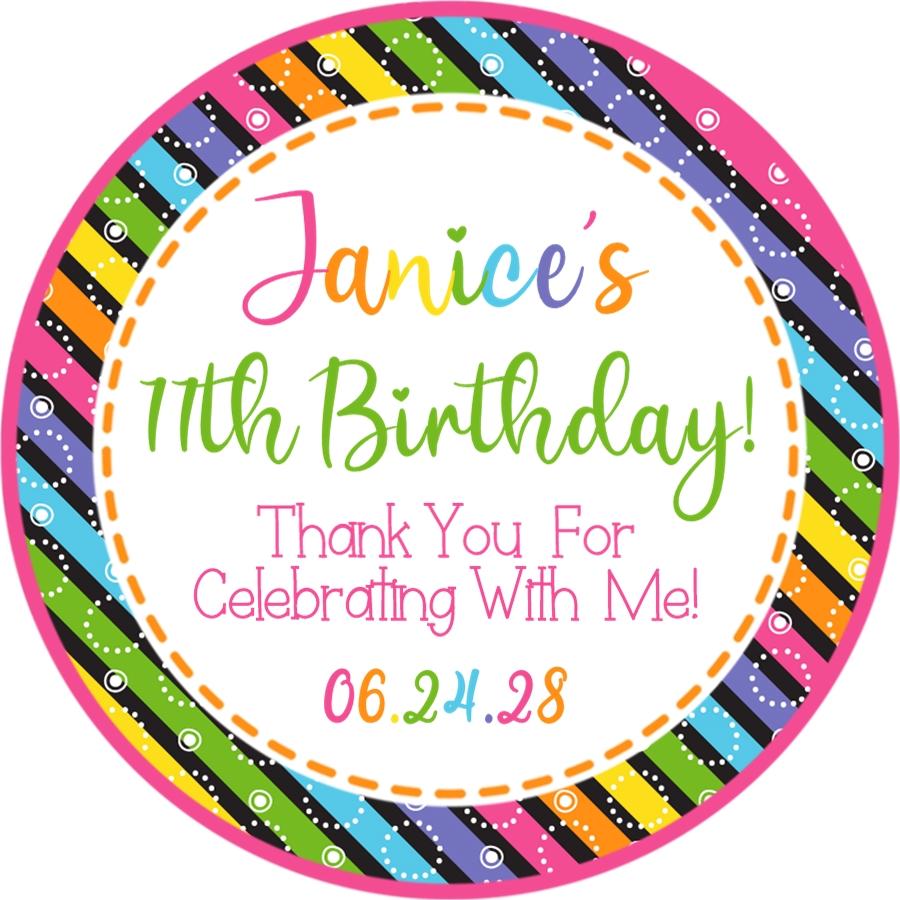 Neon birthday sticker with colorful stripes and custom name