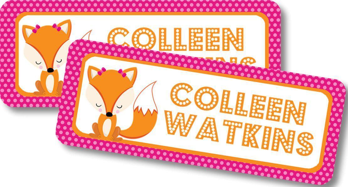 Orange fox school name sticker with woodland animal design