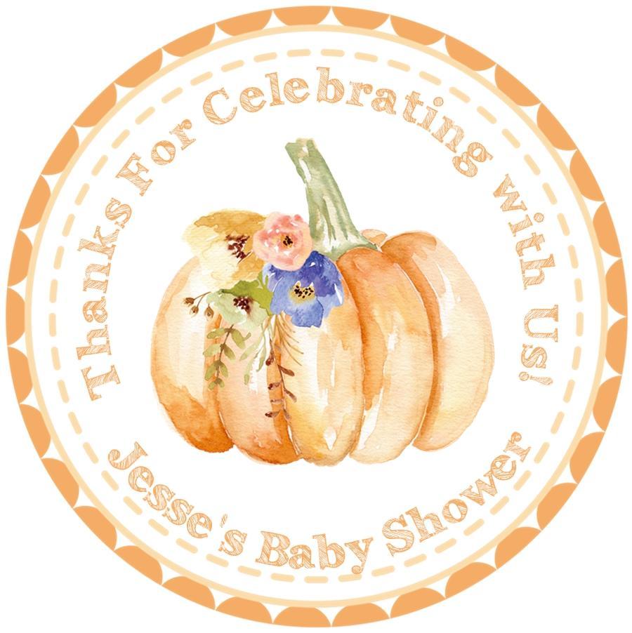 Orange pumpkin baby shower sticker with watercolor flowers and border