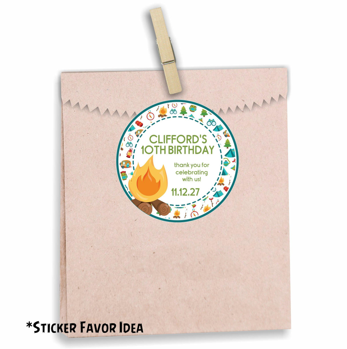 Outdoor adventure party favor sticker with campfire illustration
