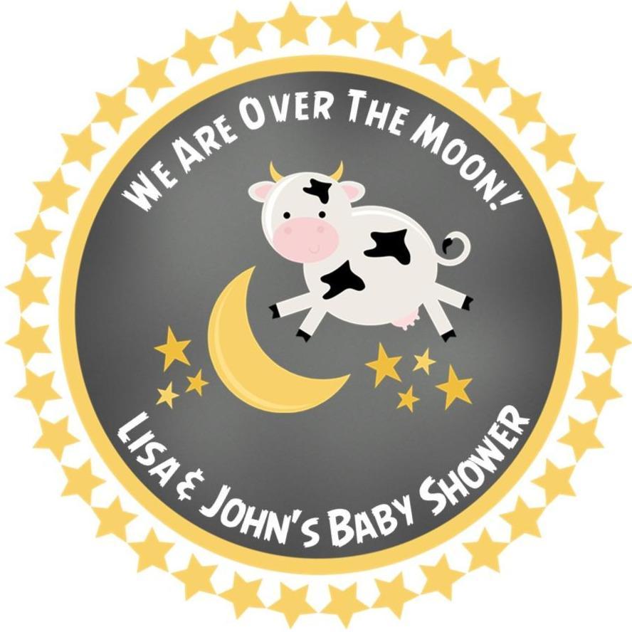 Over the Moon cow baby shower sticker with yellow star border