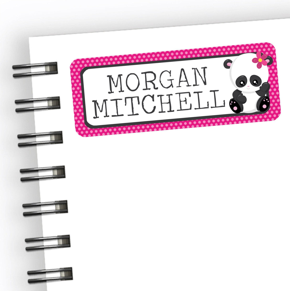 Panda back to school name labels with pink polka dot border