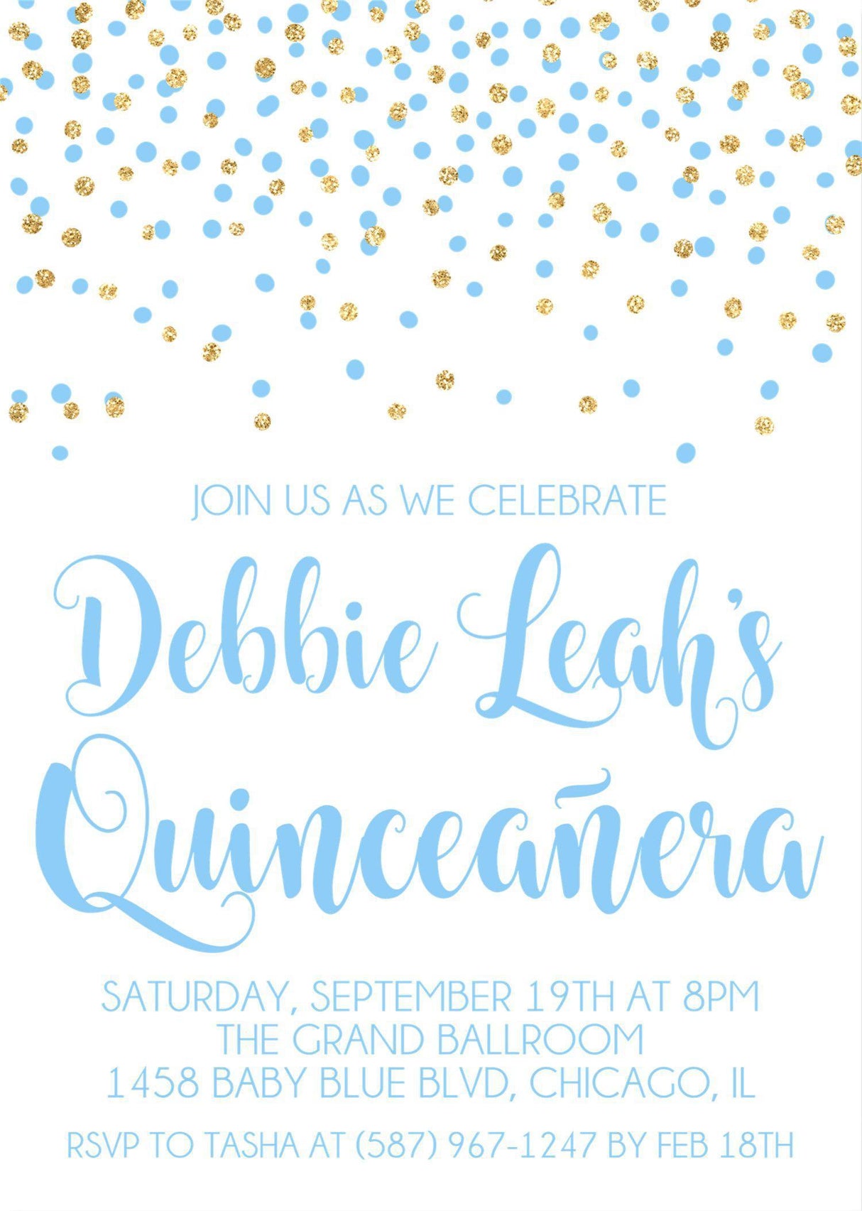 Pastel Blue And Gold Confetti Quinceanera Invitations