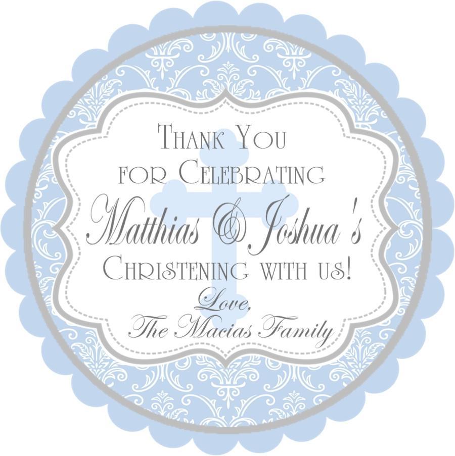 Pastel blue baby dedication sticker with cross and custom name