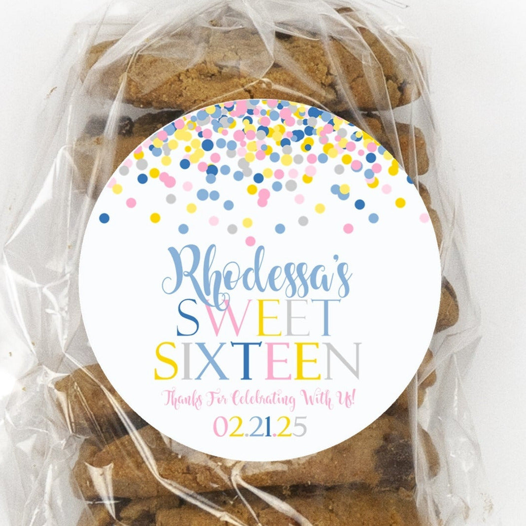 Pastel confetti Sweet 16 personalized sticker