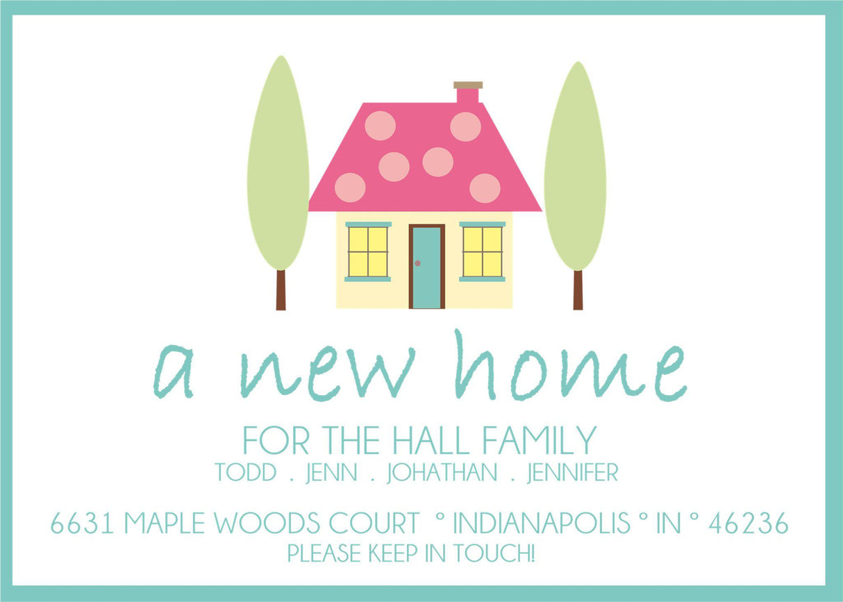 Pastel new home announcement featuring aqua and green accents