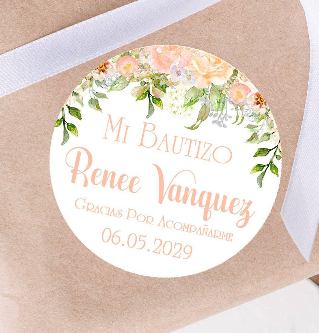 Peach floral baptism sticker with soft greenery accents