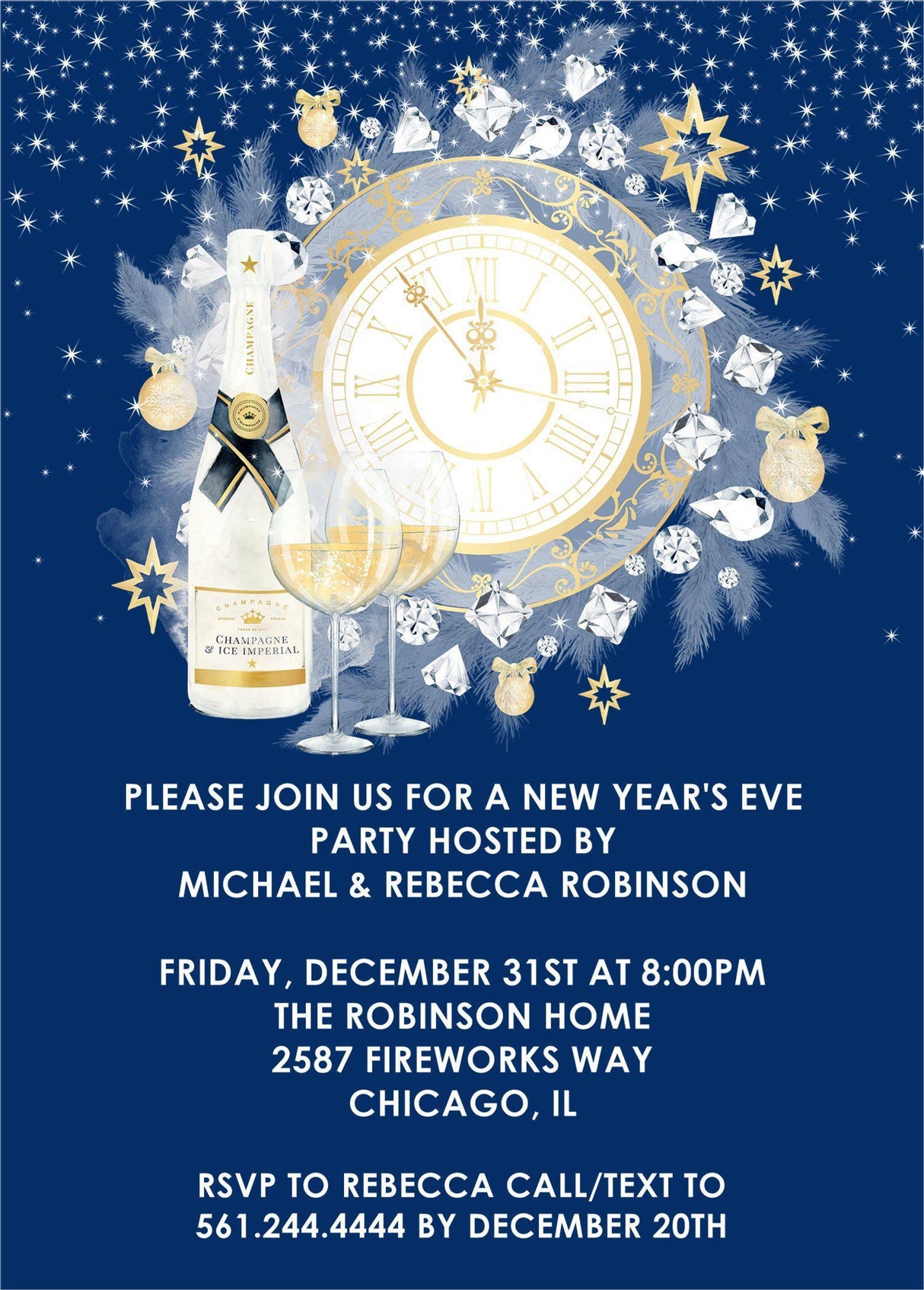 Personalized New Year's Eve party invitation with midnight clock artwork and elegant blue and gold styling